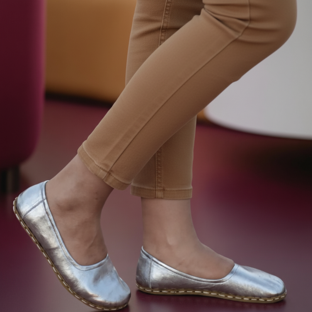 Handmade Women Barefoot Silver Ballet Flats