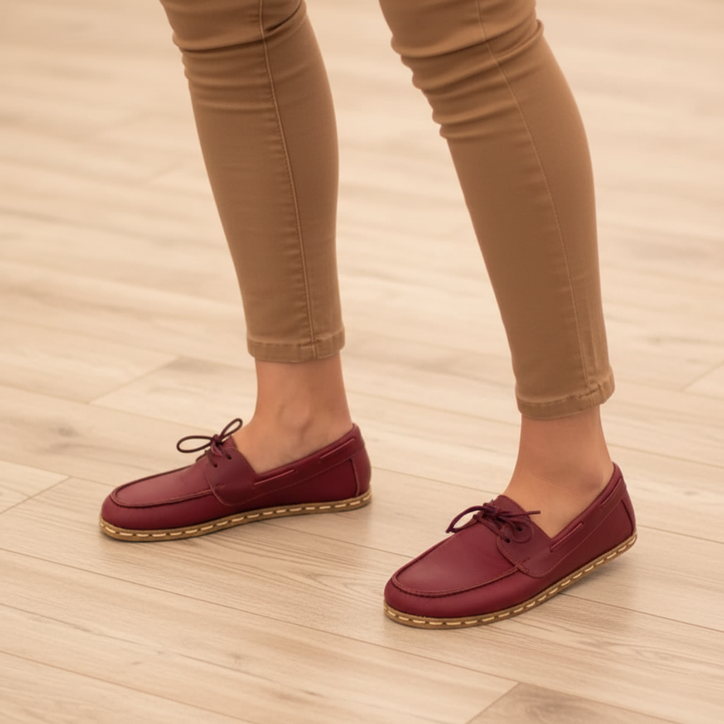 Women Barefoot Burgundy Boat Shoes